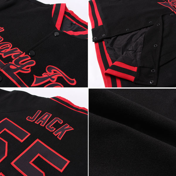 Custom Black Red-White Bomber Full-Snap Varsity Letterman Jacket