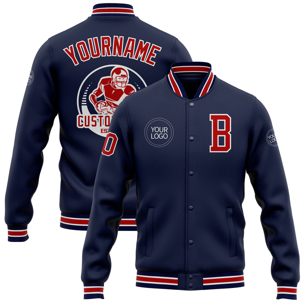 Custom Navy Red-White Bomber Full-Snap Varsity Letterman Jacket