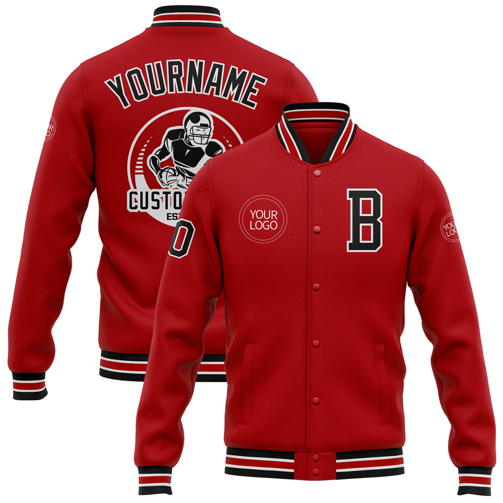 Custom Red Black-White Bomber Full-Snap Varsity Letterman Jacket