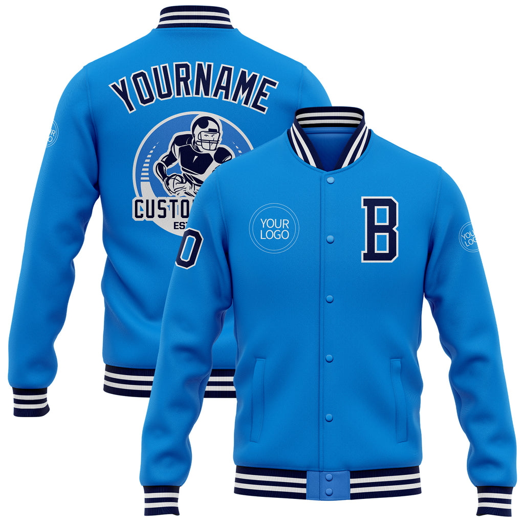 Custom Electric Blue Navy-White Bomber Full-Snap Varsity Letterman Jacket