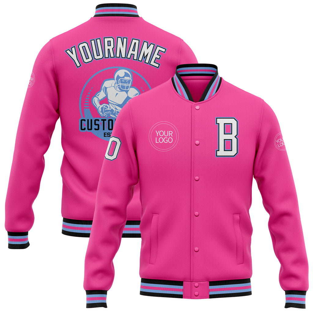 Custom Pink White Light Blue-Black Bomber Full-Snap Varsity Letterman Jacket