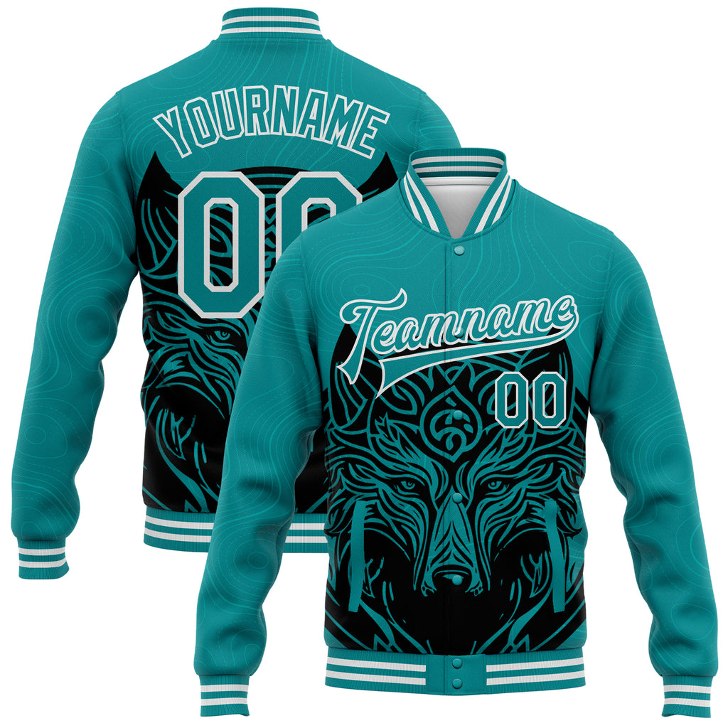 Custom Teal White Wolf Head 3D Pattern Design Bomber Full-Snap Varsity Letterman Jacket