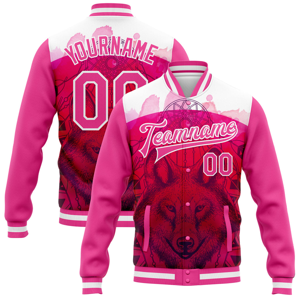 Custom Pink White Wolf With Dreamcatcher 3D Pattern Design Bomber Full-Snap Varsity Letterman Jacket