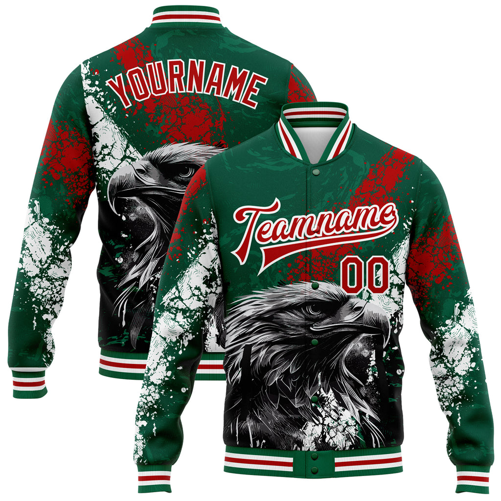 Custom Kelly Green Red-White Eagle Mexico 3D Bomber Full-Snap Varsity Letterman Jacket