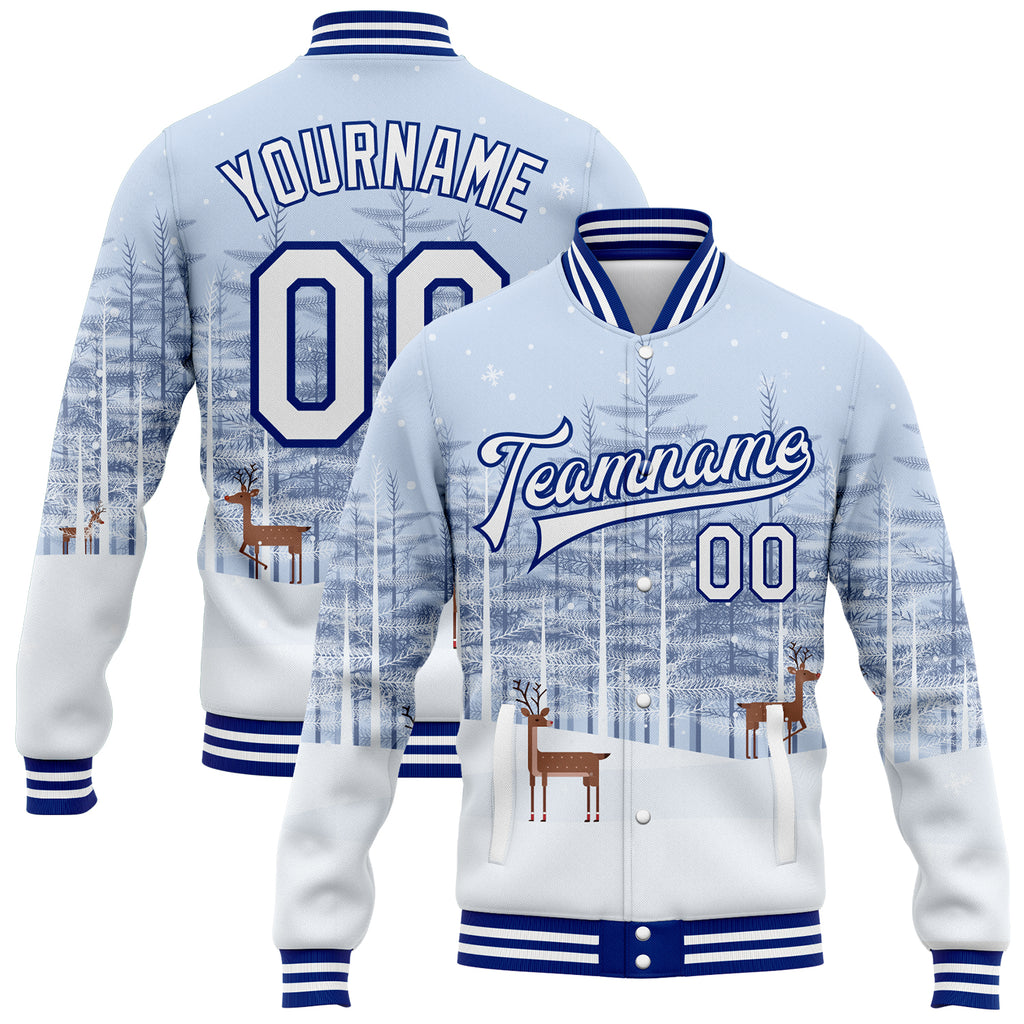 Custom White Royal Reindeers In A Snowy Forest 3D Pattern Design Bomber Full-Snap Varsity Letterman Jacket