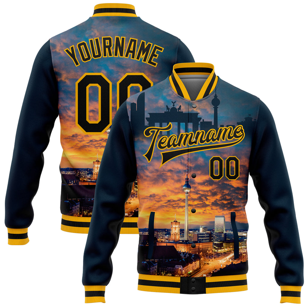 Custom Navy Black-Gold Berlin Germany City Edition 3D Bomber Full-Snap Varsity Letterman Jacket