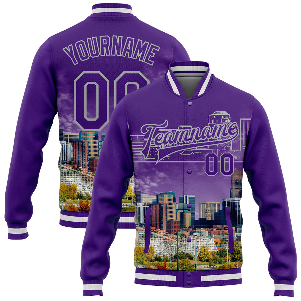 Custom Purple Gray Denver Colorado City Edition 3D Bomber Full-Snap Varsity Letterman Jacket