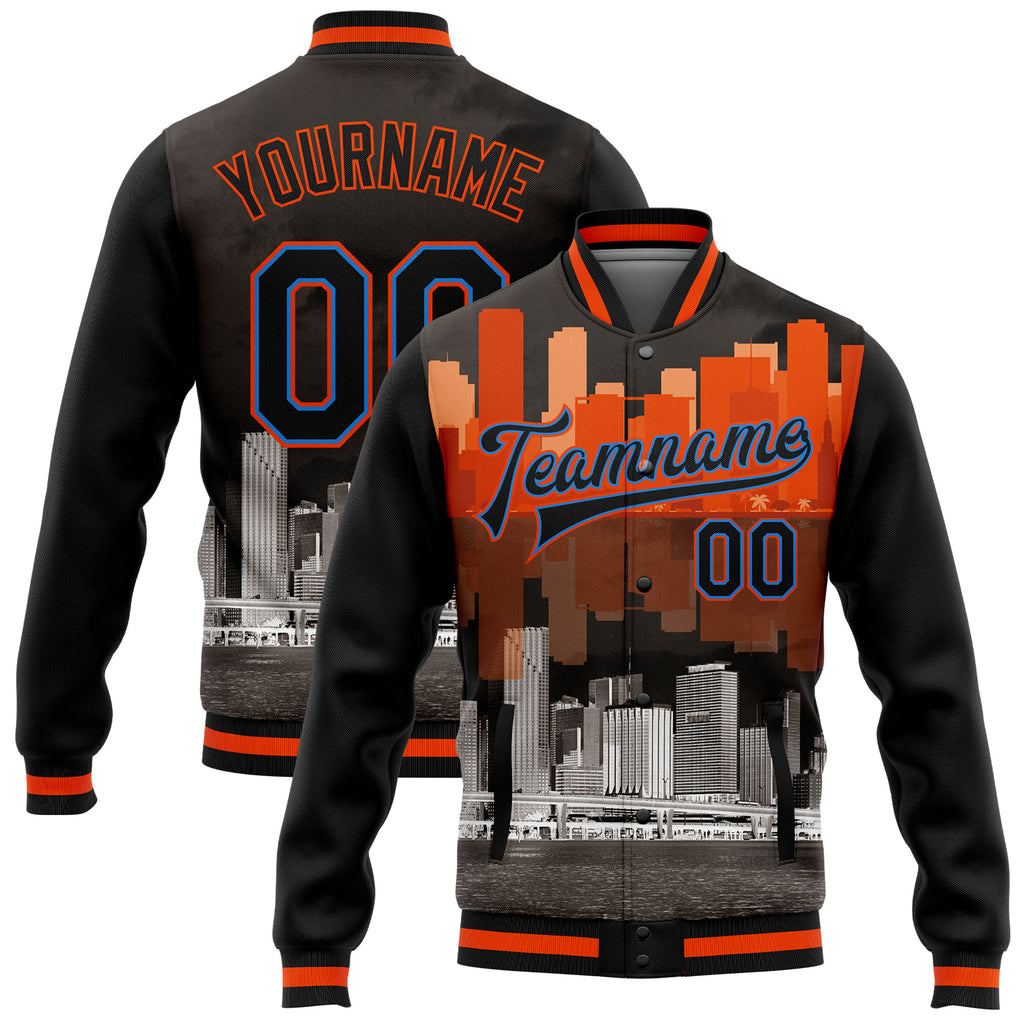 Custom Black Electric Blue-Orange Miami Florida City Edition 3D Bomber Full-Snap Varsity Letterman Jacket