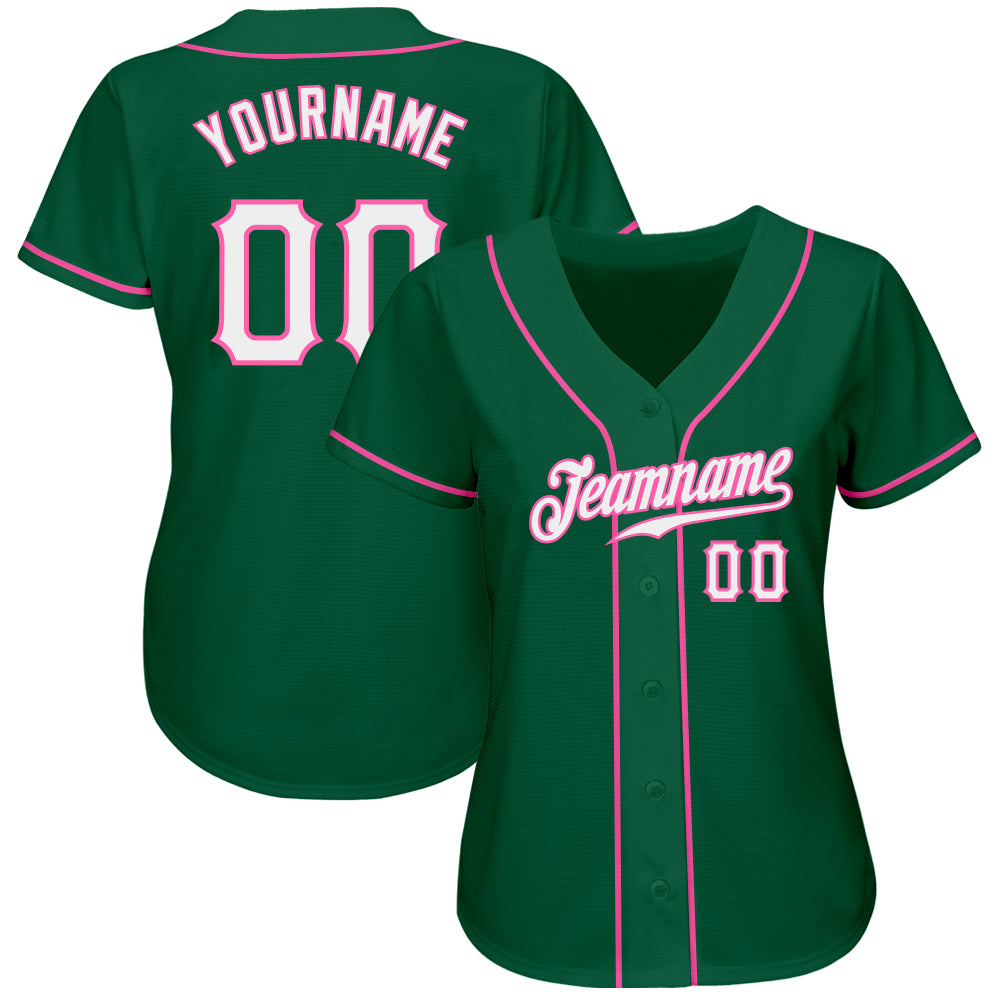 Custom Kelly Green White-Pink Authentic Softball Jersey