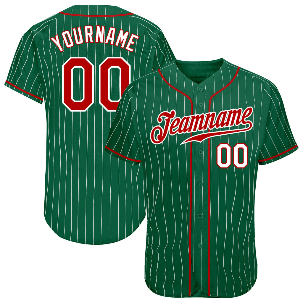 Custom Kelly Green White Pinstripe Red-White Authentic Baseball Jersey