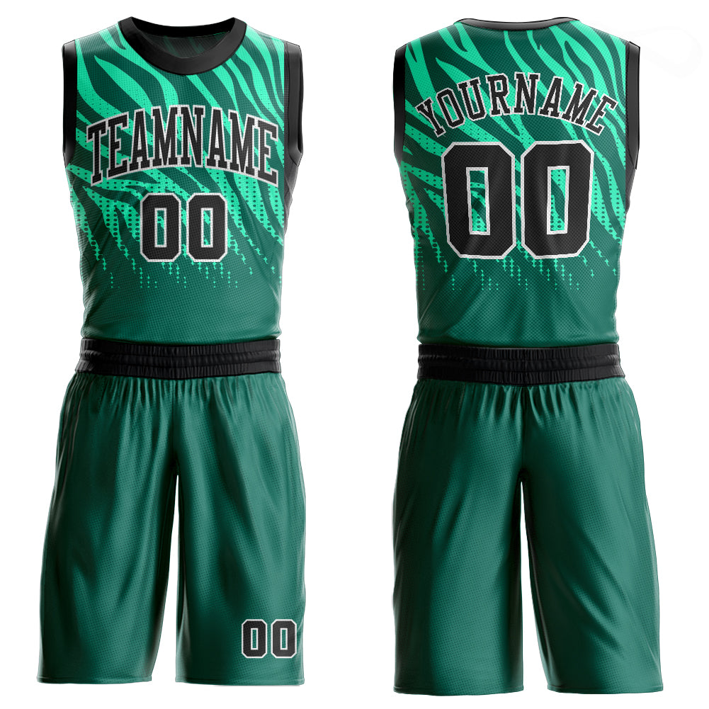 Custom Kelly Green Black-White Round Neck Sublimation Basketball Suit Jersey