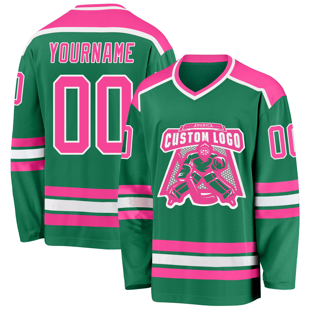 Custom Kelly Green Pink-White Hockey Jersey