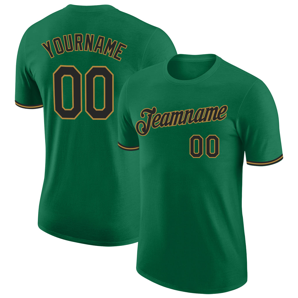 Custom Kelly Green Black-Old Gold Performance T-Shirt