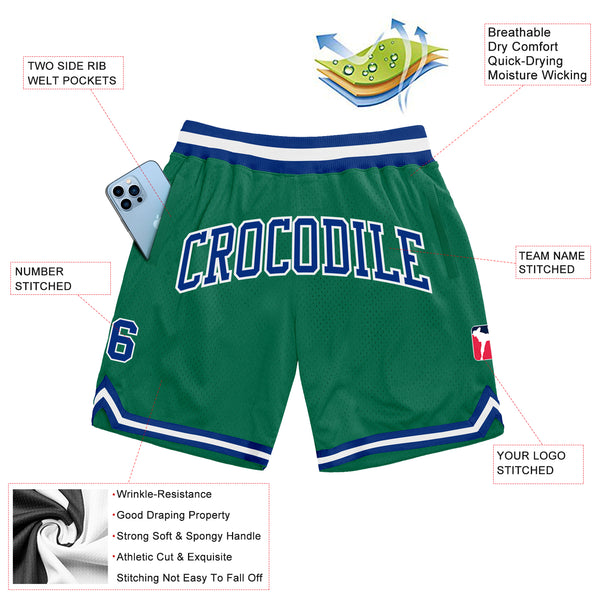 Custom Kelly Green Royal-White Authentic Throwback Basketball Shorts