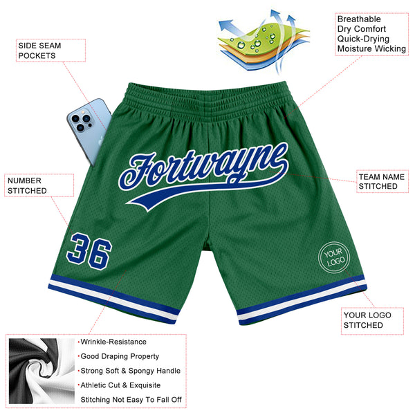 Custom Kelly Green Royal-White Authentic Throwback Basketball Shorts