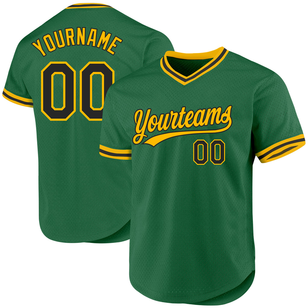 Custom Kelly Green Black-Gold Authentic Throwback Baseball Jersey