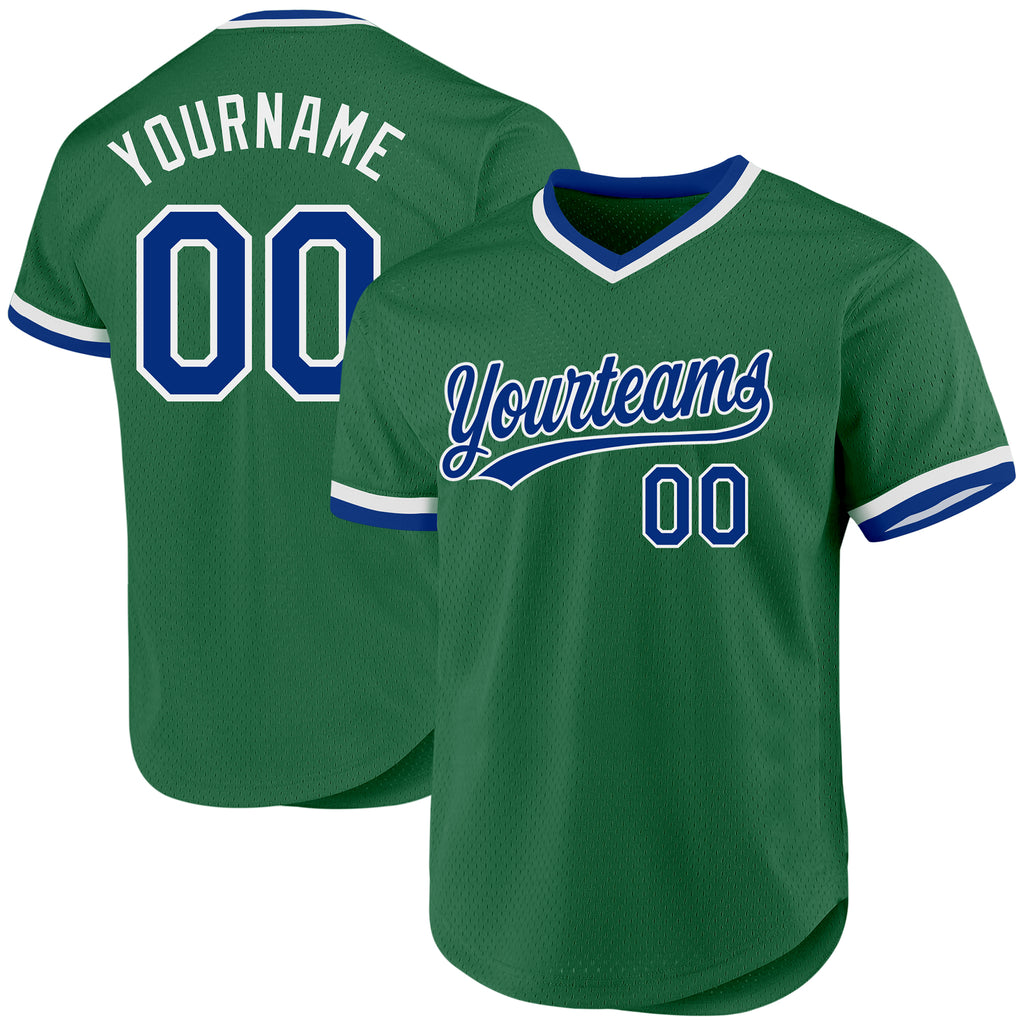 Custom Kelly Green Royal-White Authentic Throwback Baseball Jersey