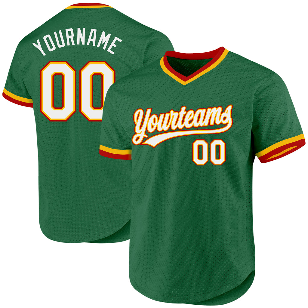 Custom Kelly Green Gold-Red Authentic Throwback Baseball Jersey