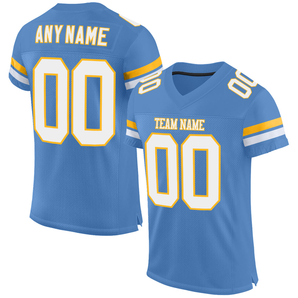 Custom Powder Blue White-Gold Mesh Authentic Football Jersey