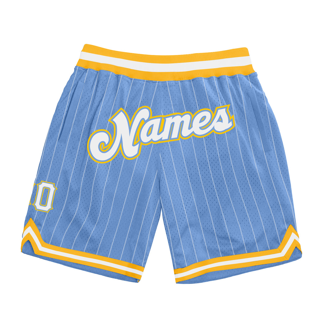 Custom Light Blue White Pinstripe White-Gold Authentic Basketball Shorts