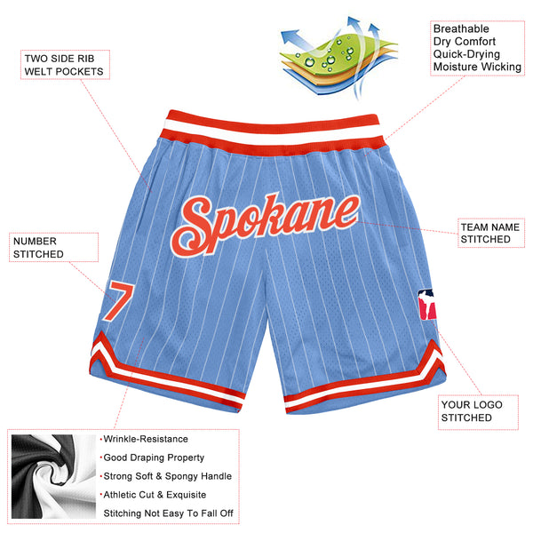 Custom Light Blue White Pinstripe Orange-White Authentic Basketball Shorts