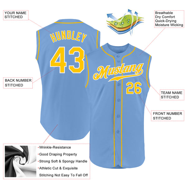 Custom Light Blue Gold-White Authentic Sleeveless Baseball Jersey