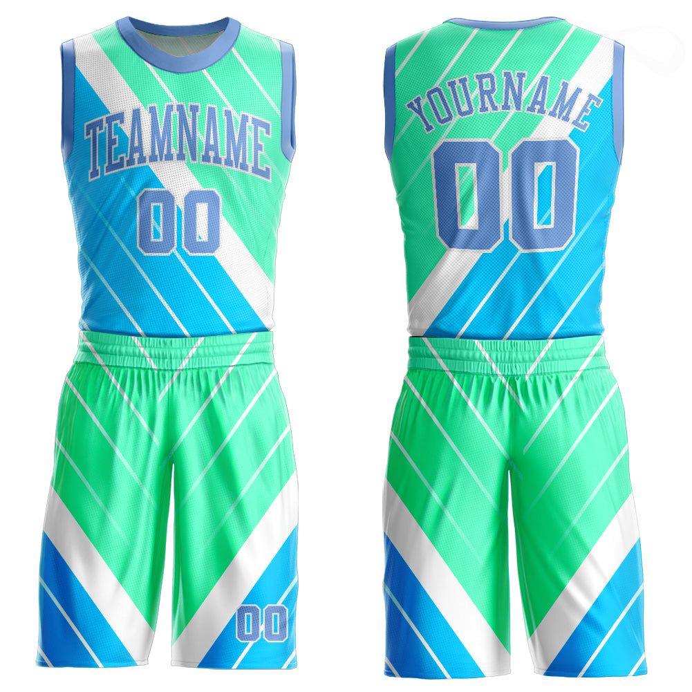 Custom Light Blue Light Blue-Green Round Neck Sublimation Basketball Suit Jersey