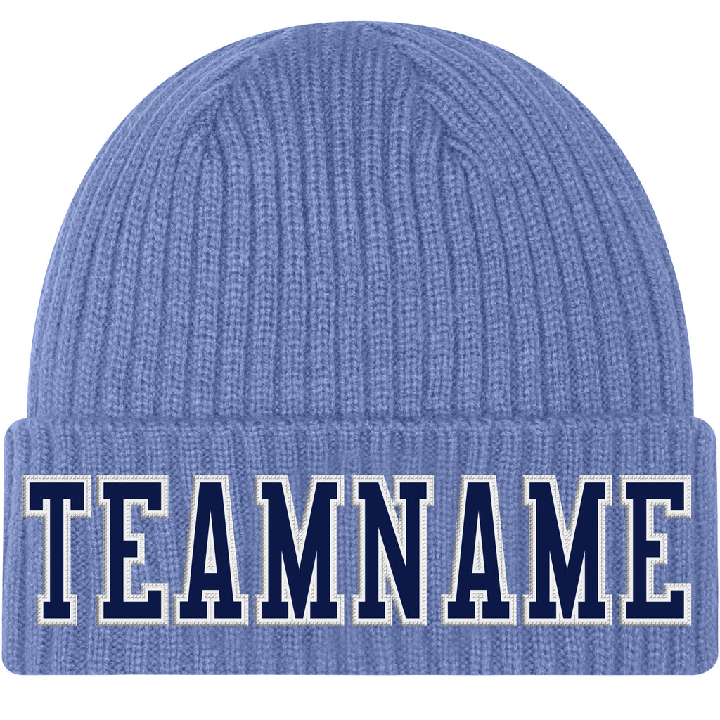 Custom Light Blue Navy-White Stitched Cuffed Knit Hat