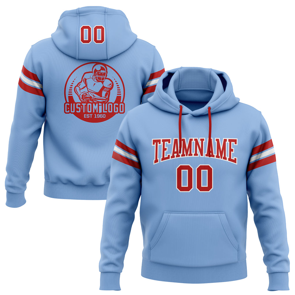 Custom Stitched Light Blue Red-White Football Pullover Sweatshirt Hoodie