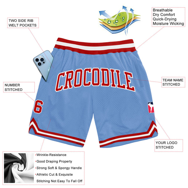 Custom Light Blue Red-White Authentic Throwback Basketball Shorts