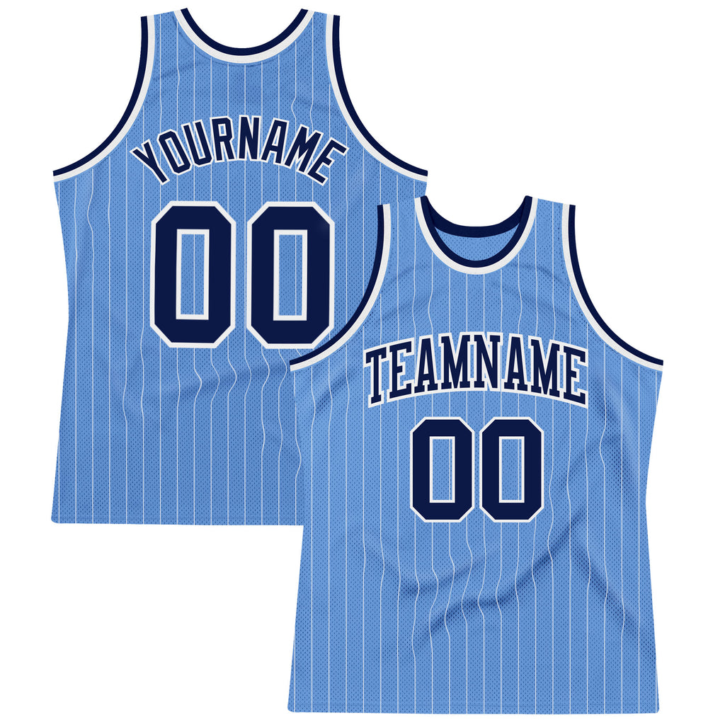 Custom Light Blue White Pinstripe Navy Authentic Basketball Jersey