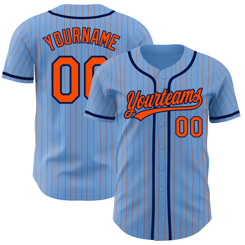 Custom Light Blue Orange Pinstripe Navy Authentic Baseball Jersey