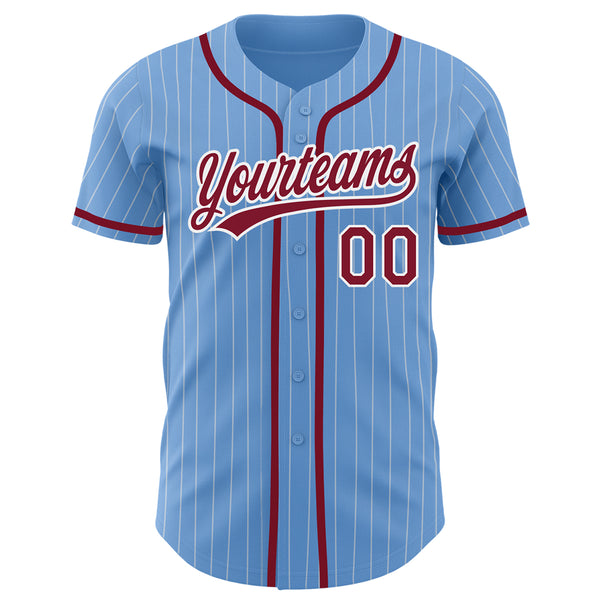 Custom Light Blue White Pinstripe Crimson Authentic Baseball Jersey