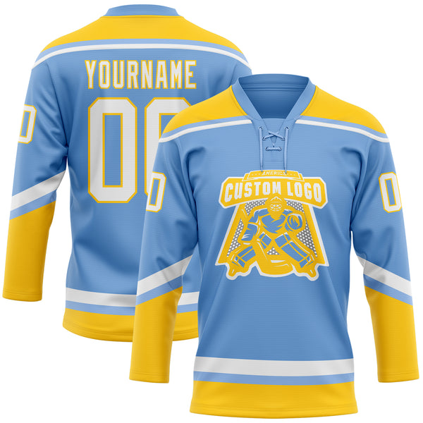 Custom Light Blue White-Yellow Hockey Lace Neck Jersey