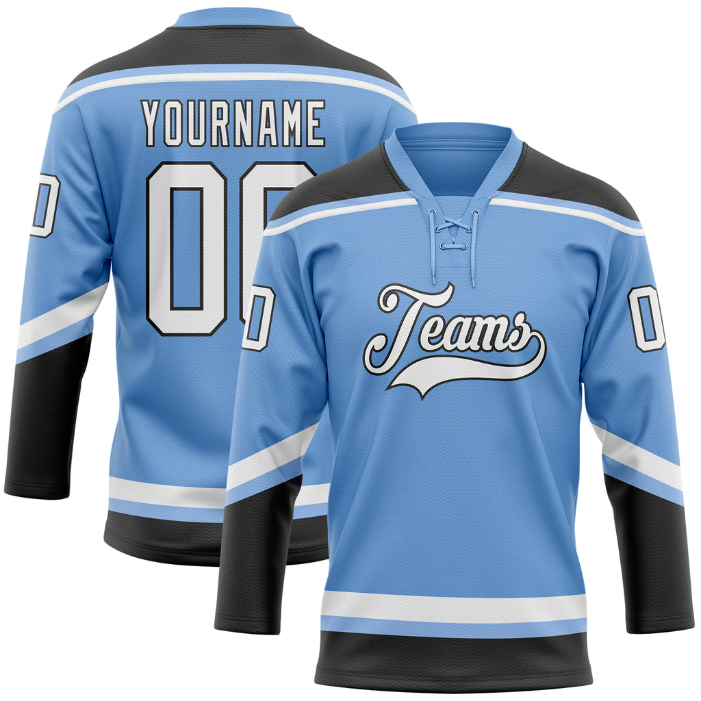 Custom Light Blue White-Black Hockey Lace Neck Jersey