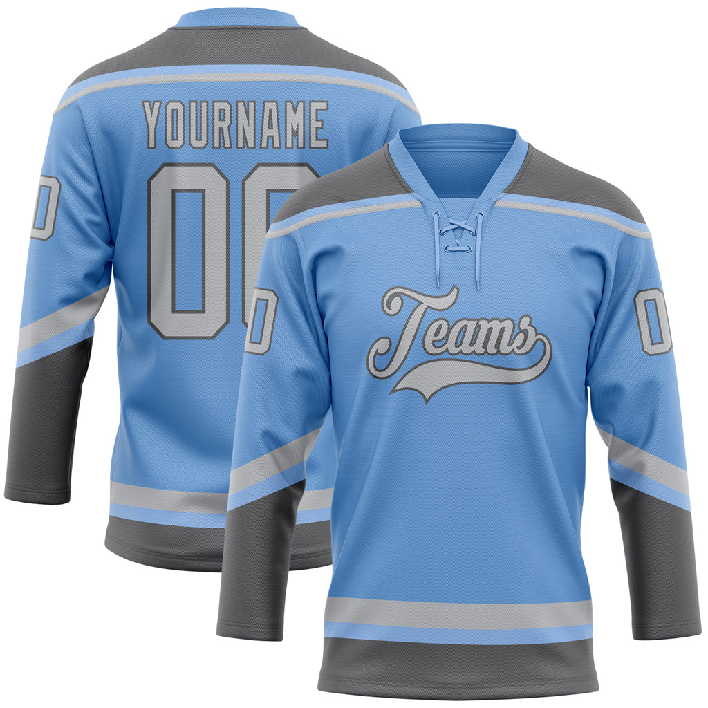 Custom Light Blue Gray-Steel Gray Hockey Lace Neck Jersey