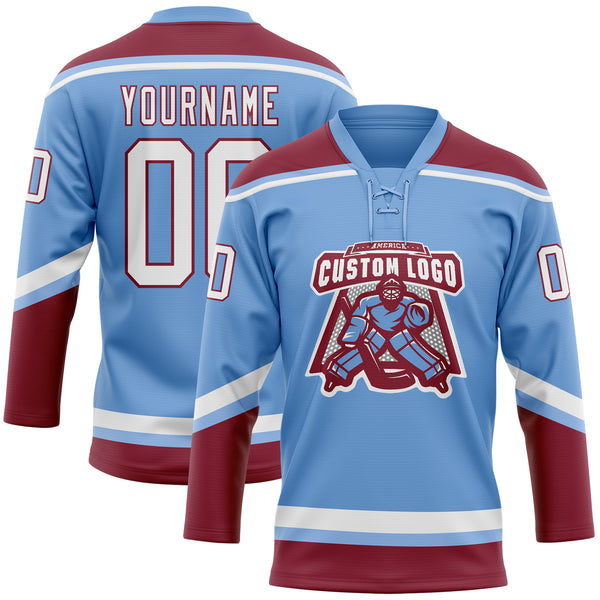 Custom Light Blue White-Crimson Hockey Lace Neck Jersey