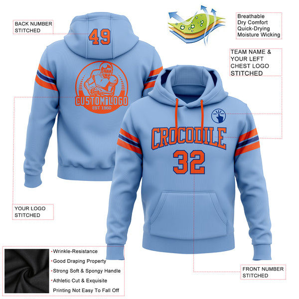 Custom Stitched Light Blue Orange-Royal Football Pullover Sweatshirt Hoodie