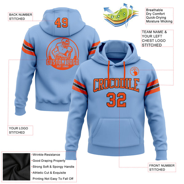 Custom Stitched Light Blue Orange-Black Football Pullover Sweatshirt Hoodie