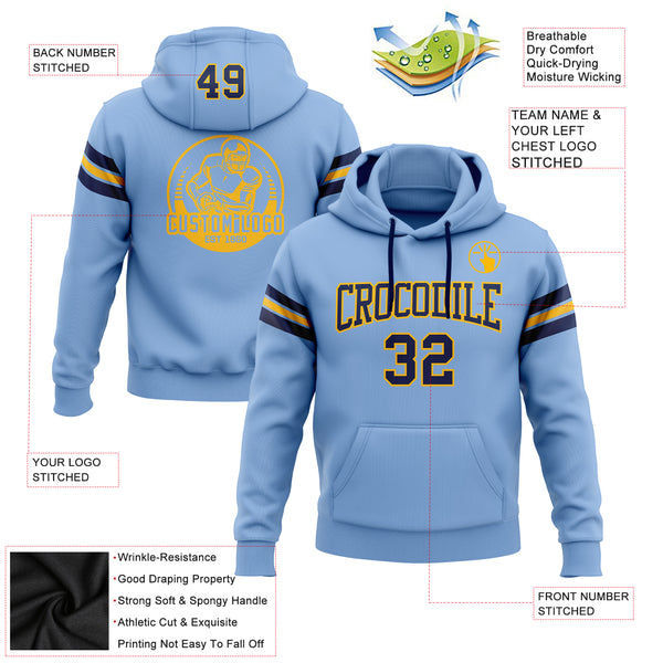 Custom Stitched Light Blue Navy-Gold Football Pullover Sweatshirt Hoodie