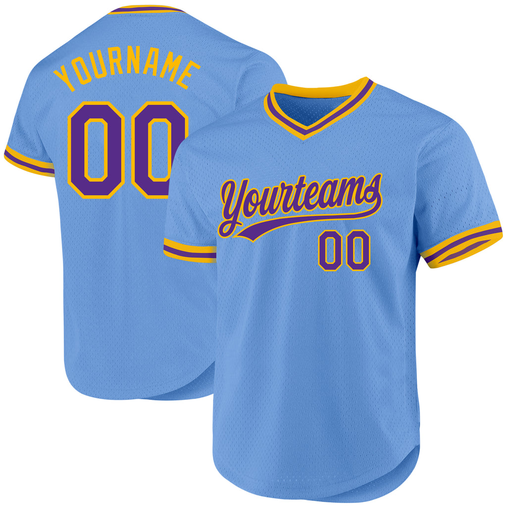 Custom Light Blue Purple-Gold Authentic Throwback Baseball Jersey