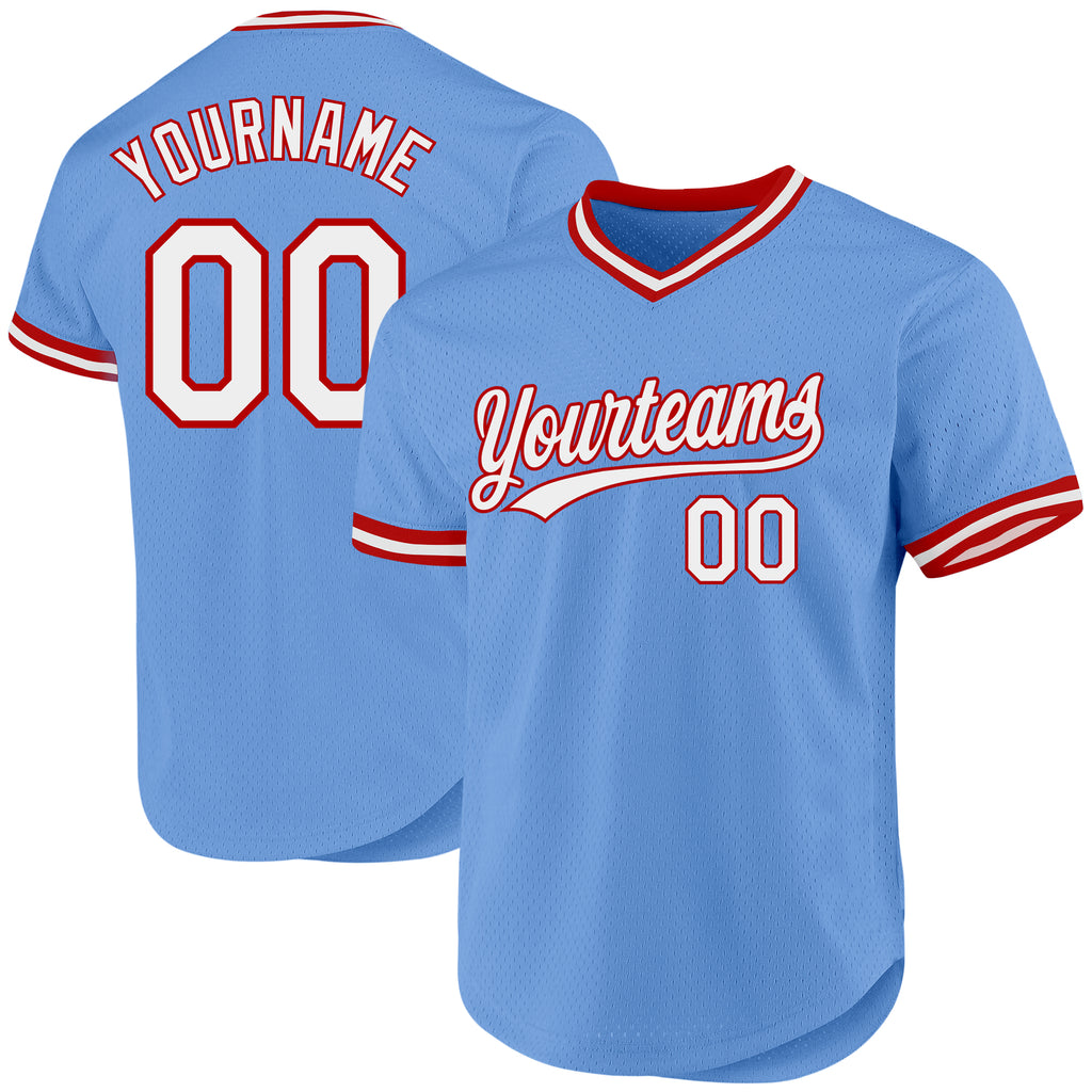 Custom Light Blue White-Red Authentic Throwback Baseball Jersey