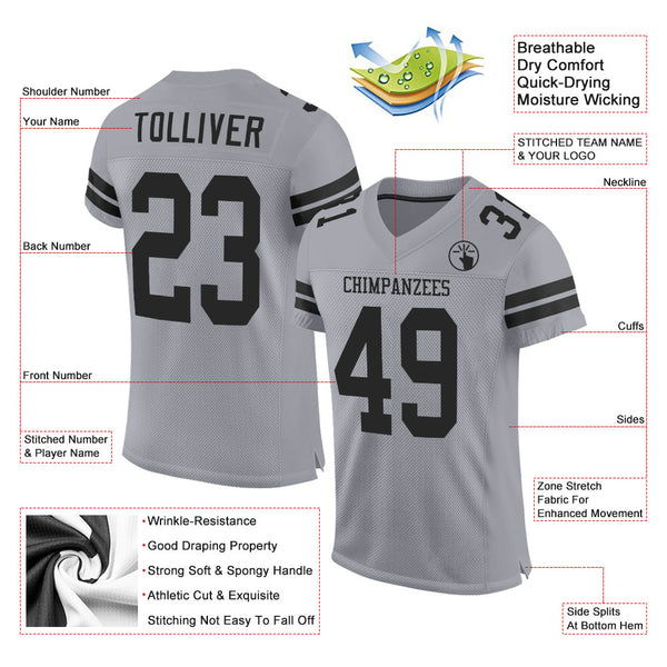 Custom Light Gray Black Mesh Authentic Football Jersey