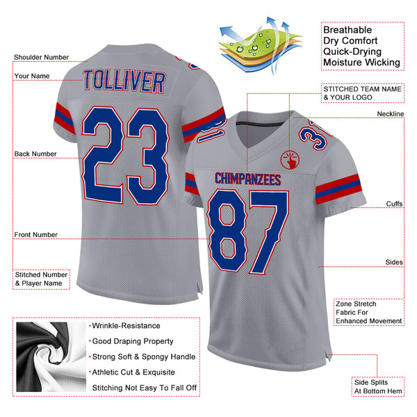 Custom Light Gray Royal-Red Mesh Authentic Football Jersey