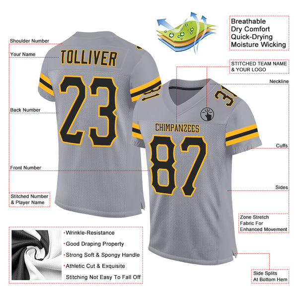 Custom Light Gray Black-Gold Mesh Authentic Football Jersey