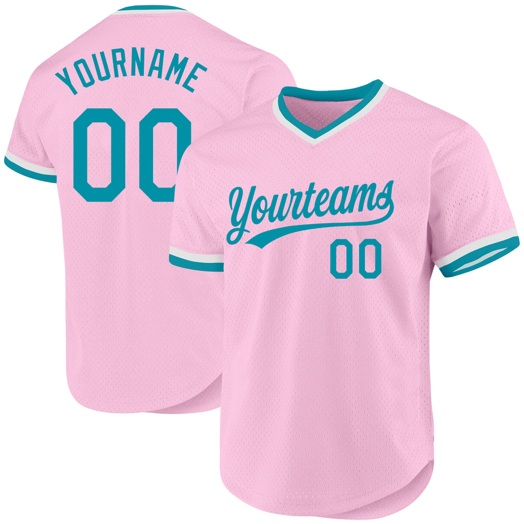 Custom Light Pink Teal-White Authentic Throwback Baseball Jersey