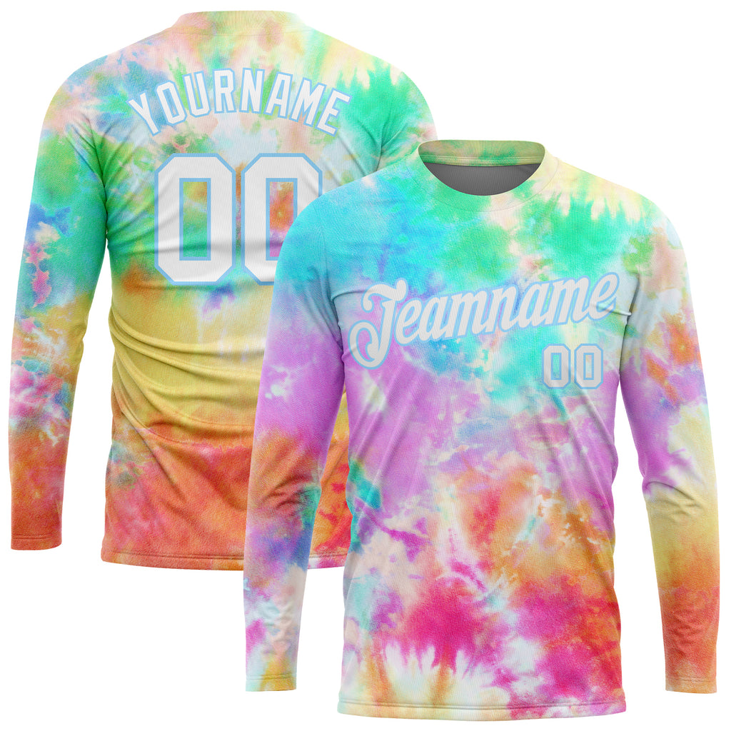 Custom Tie Dye White-Light Blue Rainbow 3D Long Sleeve Performance T-Shirt