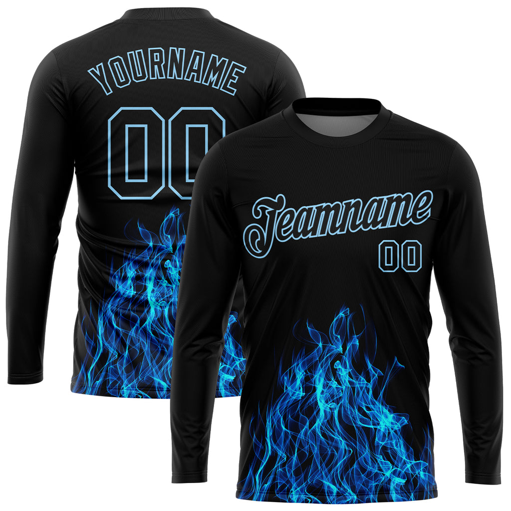 Custom Black Black -Light Blue Flame 3D Pattern Long Sleeve Performance T-Shirt