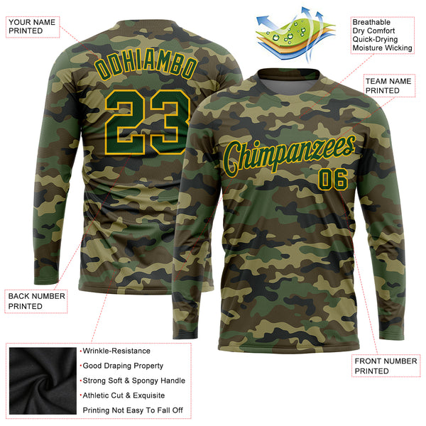 Custom Camo Green-Gold Salute To Service Long Sleeve Performance T-Shirt