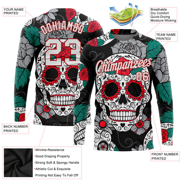 Custom Graffiti Pattern White-Red Skull Fashion 3D Long Sleeve Performance T-Shirt